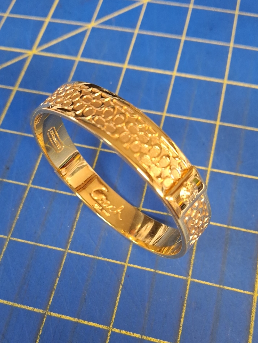 Gold Tone Textured Bangle Bracelet New with Signature Engraving